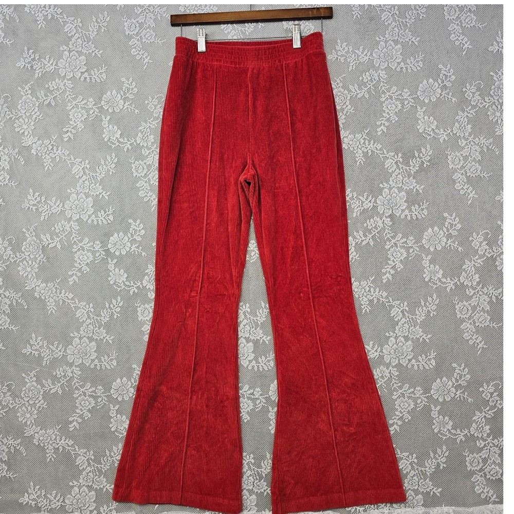 Aerie Groove On Velour Ribbed Flare Pants Women's Small Cinnabar Red Pull On